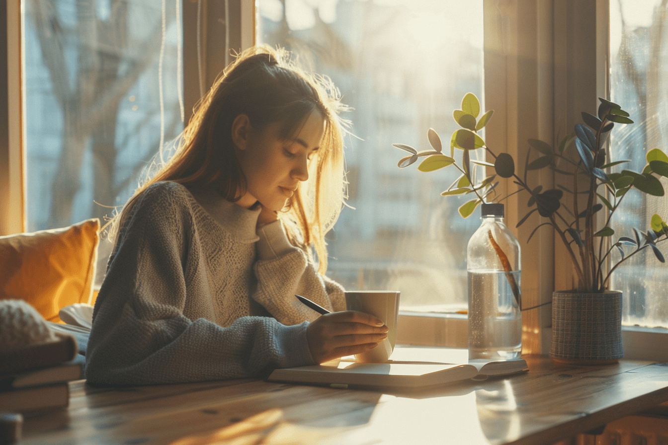 A peaceful morning scene showing a woman journaling and sipping tea at a sunlit table with a water bottle and small plant nearby. The setting feels calm and focused, perfect for habit building.