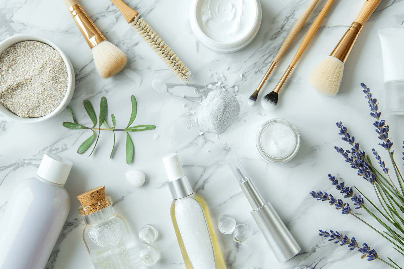 A modern flat lay of eco friendly beauty products in glass jars and refillable containers, surrounded by natural elements like leaves and flowers, reflecting sustainable skincare and conscious beauty choices in 2025.