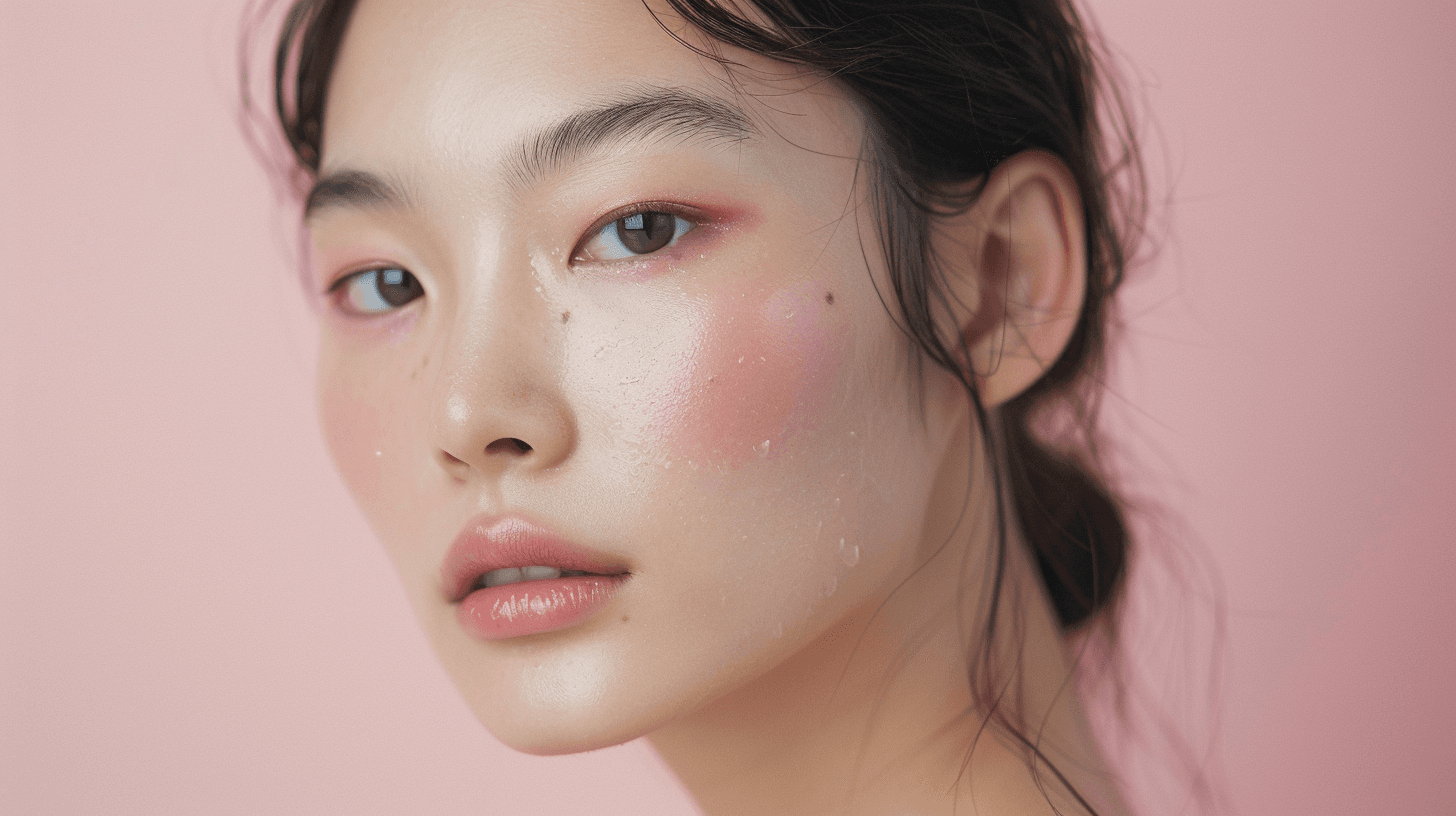 Close-up of a woman with dewy, glowing skin and soft pink makeup, set against a pastel pink background, showcasing a healthy and minimalist skincare look in 2025
