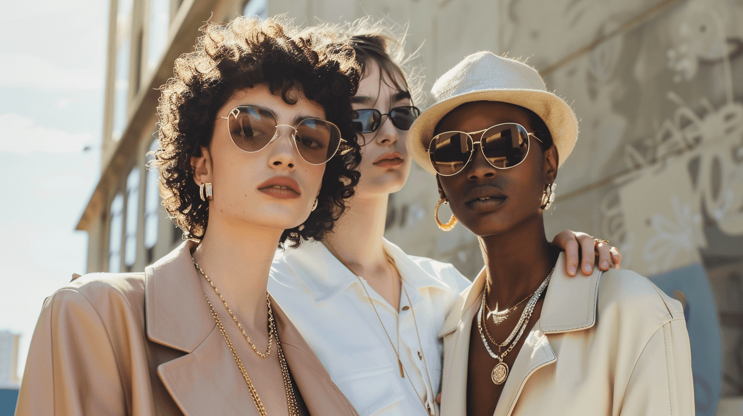 Three stylish women outdoors in 2025 wearing modern outfits, each accessorized with statement bags, sunglasses, and jewelry, showcasing how accessories refresh everyday fashion