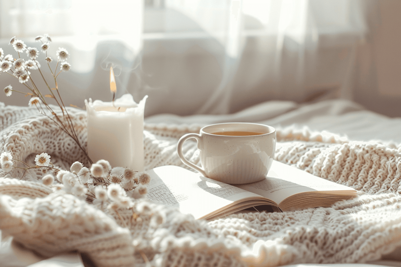 Flatlay of cozy self-care essentials including a cup of tea, open journal, lit candles, and a soft blanket on a neutral background with natural daylight. The scene reflects a calming and affordable self-care routine.