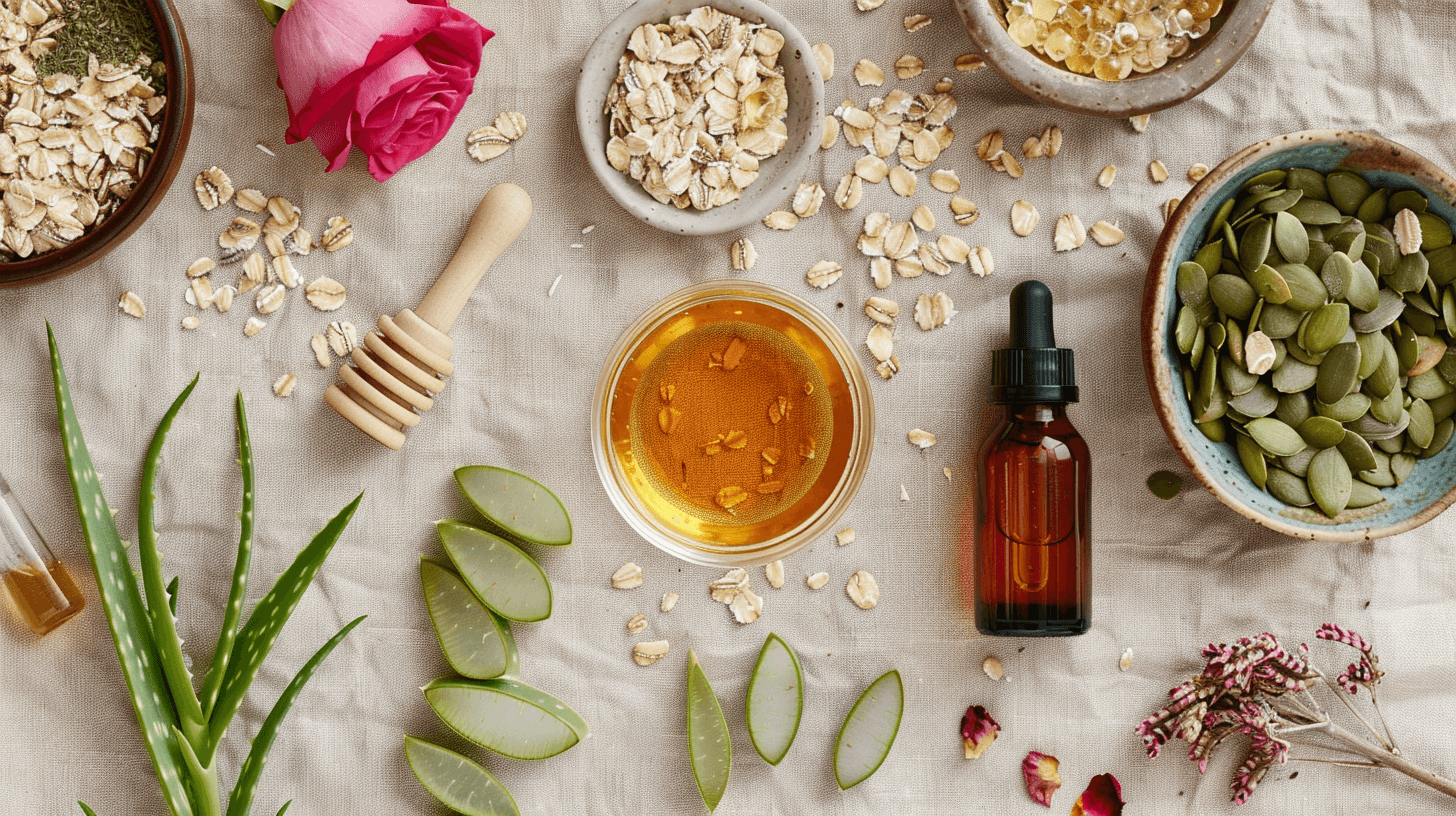 A flat lay of natural skincare ingredients like aloe vera leaves, rosehip oil bottles, honey jars, and chamomile flowers arranged neatly on a neutral background, conveying a clean and botanical skincare vibe for 2025.
