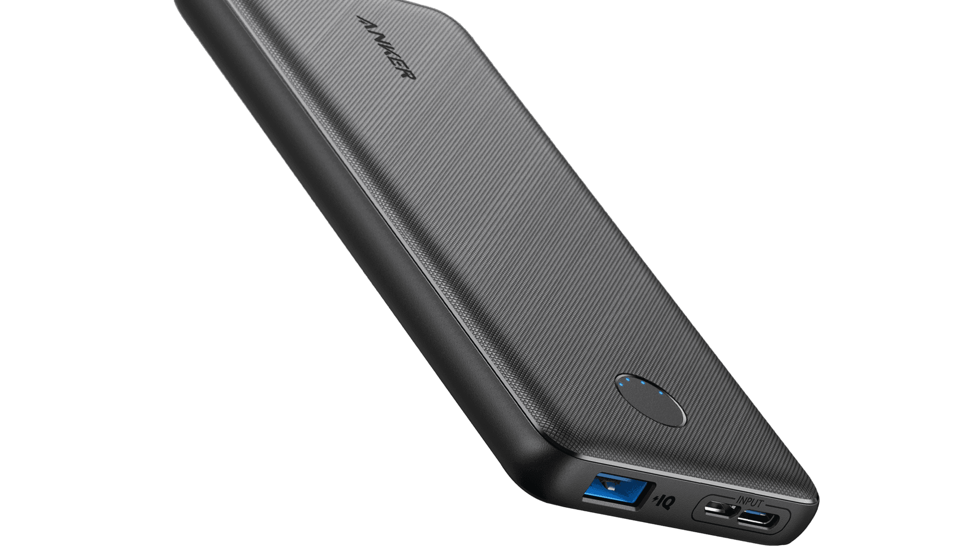 Anker PowerCore Slim 10000 portable charger with slim textured design, USB-A and USB-C ports, and LED battery indicators.