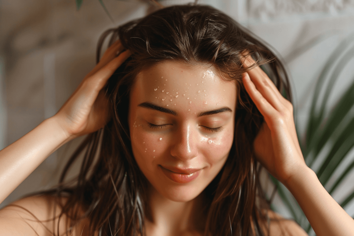 Close-up portrait of a woman with healthy, shiny hair and a clear scalp, representing modern scalp care and wellness-focused hair routines in 2025.