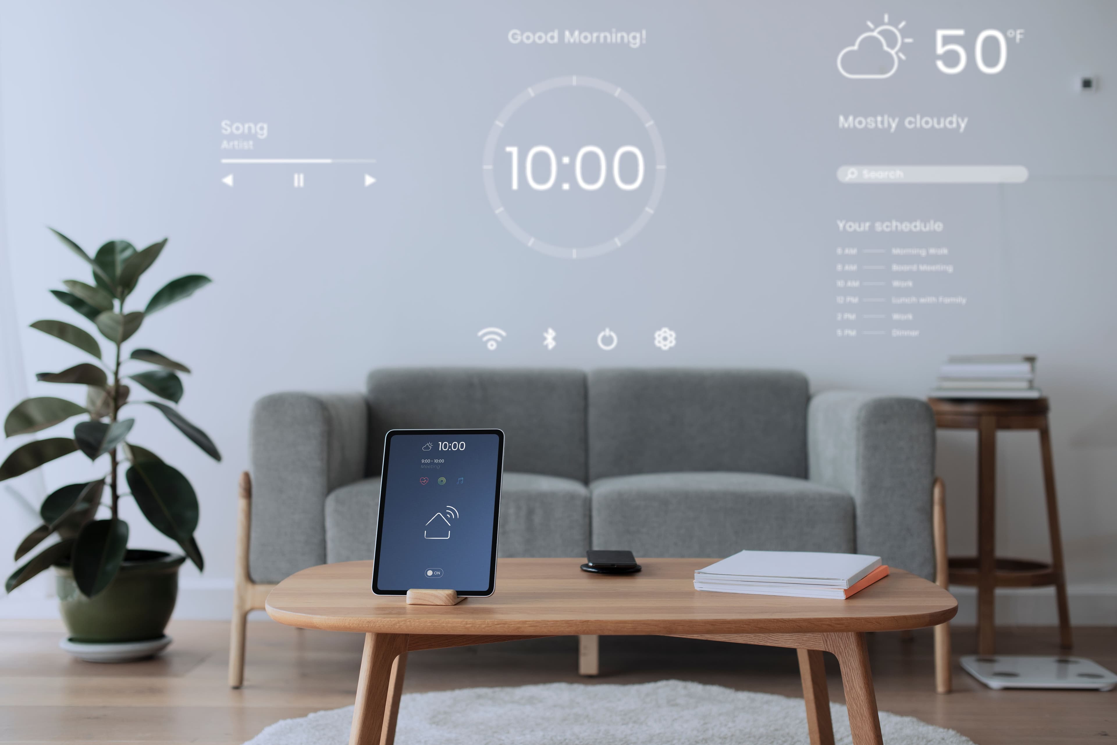 Modern smart home interior with connected devices in use, including smart lights, voice assistant, and smart thermostat, illustrating seamless automation in 2025