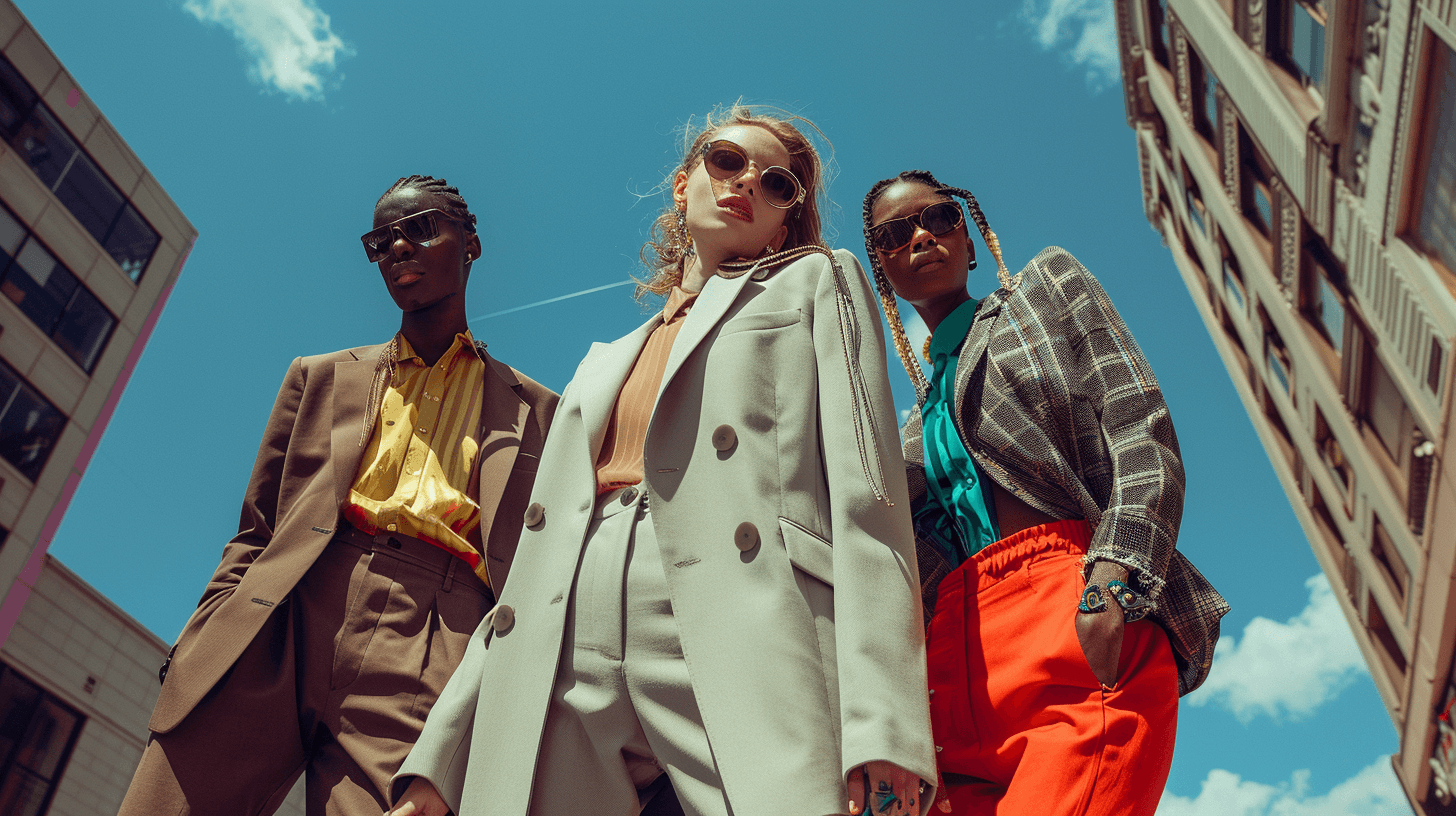 Well-dressed diverse models showing examples of stylish 2025 fashion in a modern setting, illustrating current trends and smart styling choices.