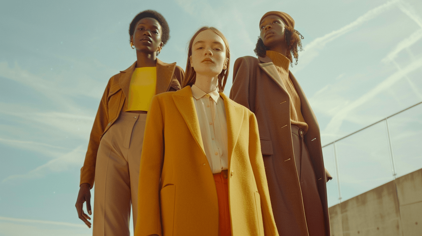 Three fashion models standing outdoors in 2025, each dressed in wearable trend colors like clay neutrals, digital lavender, and olive green, showcasing modern and grounded style tones