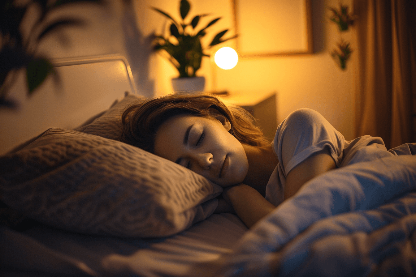Woman sleeping peacefully in a modern bedroom with soft lighting, light bedding, and a calming neutral palette. A small bedside table with a plant adds to the cozy, restful atmosphere.