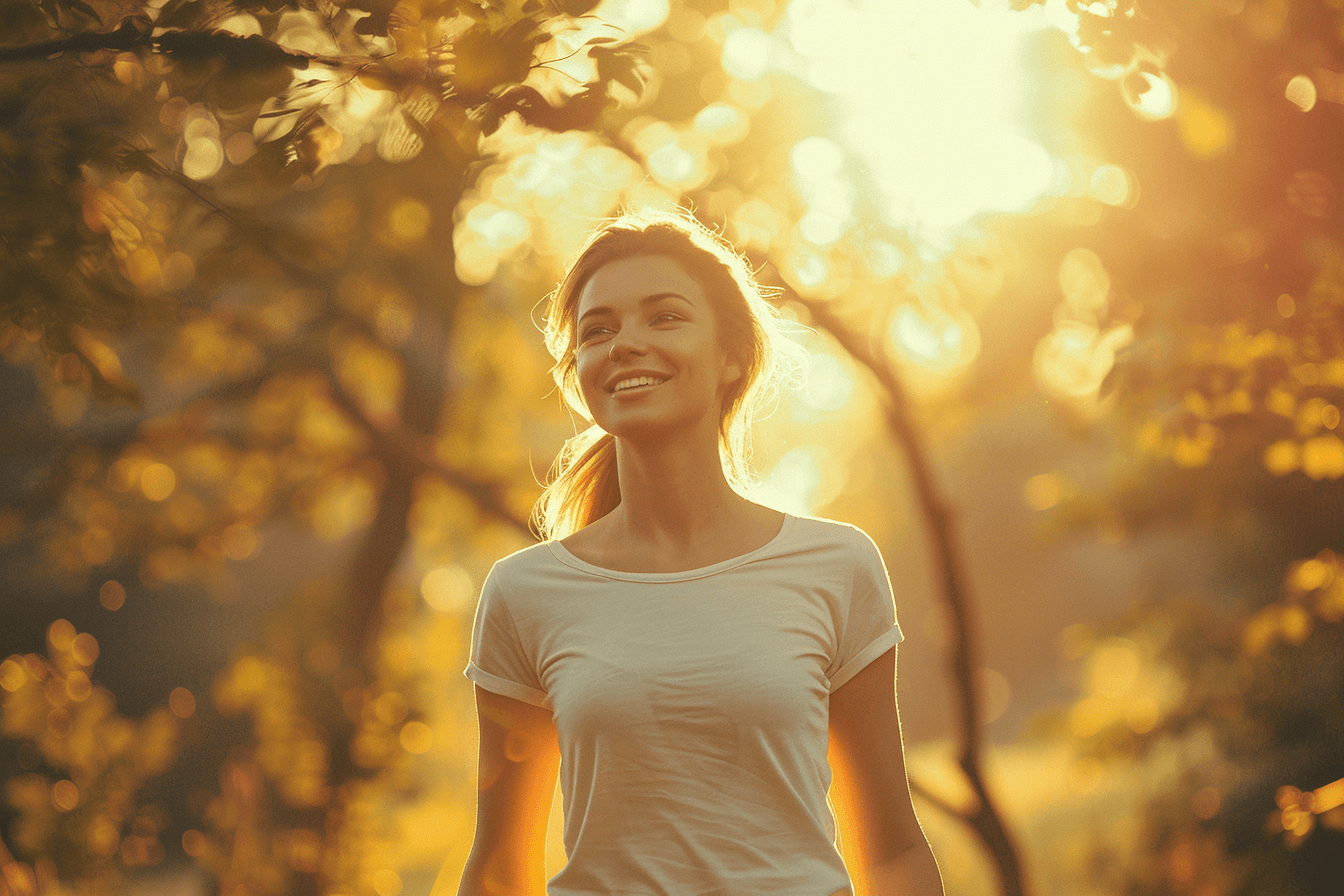 A woman enjoying a peaceful morning walk with sunlight in the background, representing small daily habits that support wellness and balance.