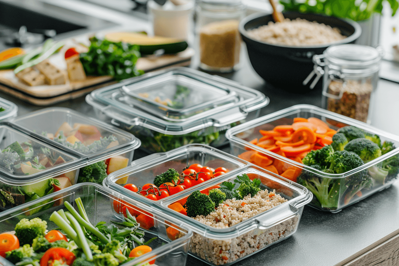Meal prep containers filled with colorful vegetables, grains, and proteins arranged on a clean kitchen counter. Bright and fresh, with natural lighting showing an organized and healthy food setup.